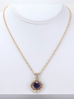 Vintage 14K Two Tone Gold Diamond & Amethyst Heart Necklace